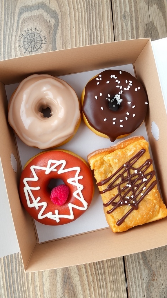 A box containing four assorted donuts: glazed, chocolate frosted, raspberry-filled, and maple bar.